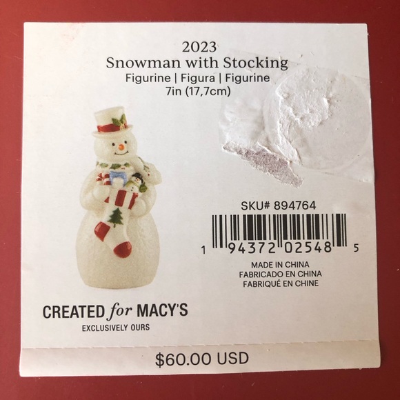 Lenox 7” Snowman with Stocking Ceramic Figurine 2023 collectible in original box - Picture 6 of 6